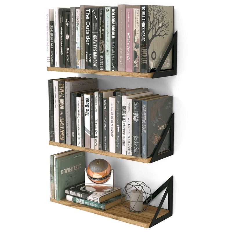 Wallniture Minori Floating Shelves Set of 3, Small Bookshelf Unit for Living Room, Office, and Bedroom, Natural Burned Rustic Wood Wall Decor with Metal Floating Shelf Bracket 6D x 17W x 5.5H in - Image 1